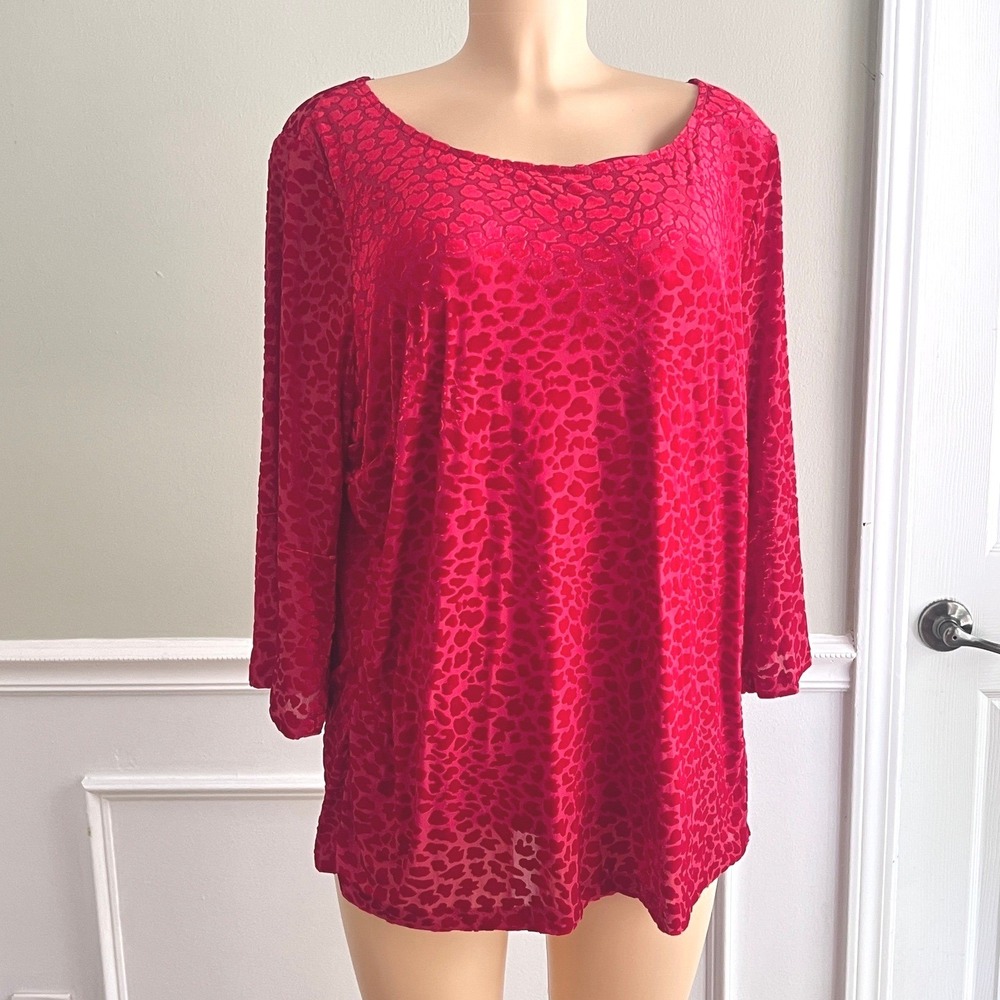 Talbots Plus Blouse Womens 2X Velvet Burnout‎ Anima Red 3/4 Sleeve Scoop Neck